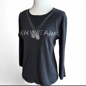 DKNY Black Long Sleeve Logo Tee with Silver Stud Necklace Detail